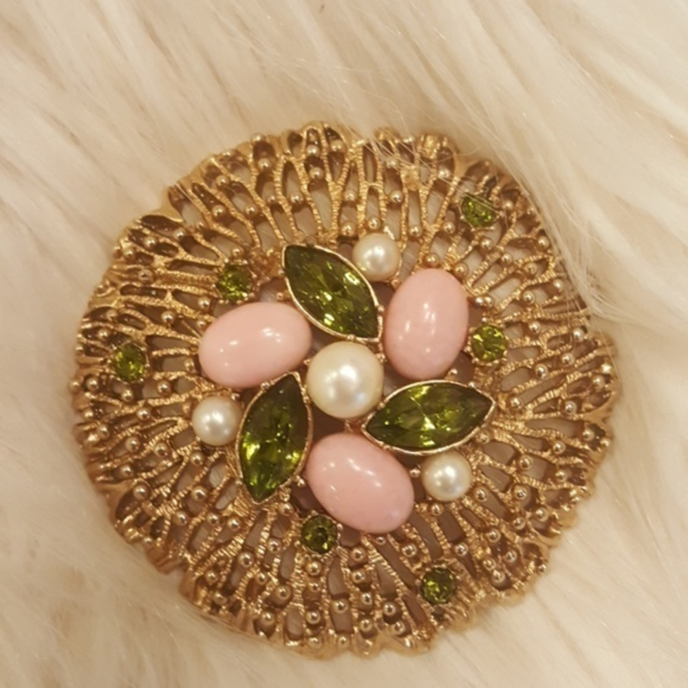 HUGE  SARAH COVENTRY  PINK‎ GREEN PEARL BROOCH